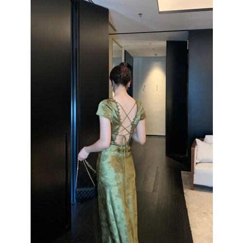 Spearmint V-neck Backless Satin Jacquard Dress Womens Summer Tight Waist Slim and Sexy Dress Long Skirt dresses