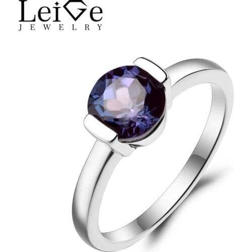 Leige Jewelry Alexandrite Ring Wedding Ring Round Cut Color Changing Gemstone Solid 925 Sterling Silver June Birthstone Ring