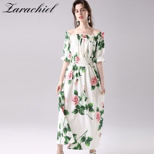 Summer Runway Designer Off Shoulder Elastic Waist Holidays Dresses Women Slash Neck Rose Floral Print Vacation Maxi Dress