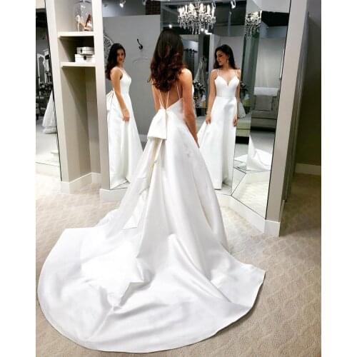 Simple Satin A Line Wedding Dresses Spaghetti Straps V Neck Backless Modest Sweep Train Plus Size Bridal Gowns