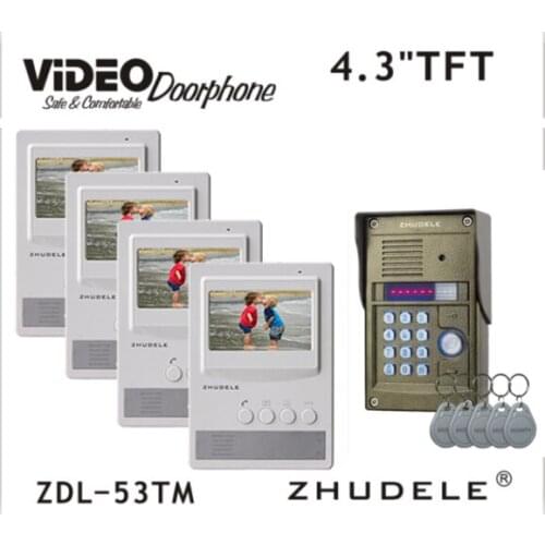 ZHUDELE Audio & Video Intercom System 4.3 Inch Video Door Phone Waterproof IP56 Camera with RFID Panel Night Vision 1V4