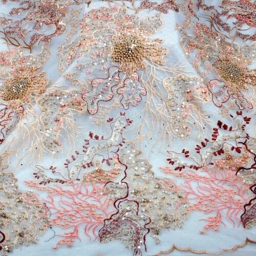 1yard New fashion style mixed color heavy handmade beads on netting embroidery wedding dress lace fabric