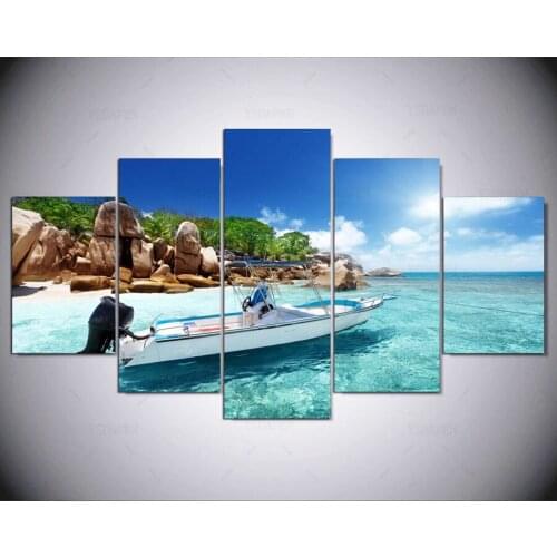 5 Panel The Boat By The Sea Canvas Painting View Modular Wall Paintings Wall Art Home Decor Pictures In Cheap Price ny-1284