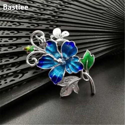 Bastiee Hmong Jewlery 999 Sterling Silver Brooches For Women Brooch Cloisonne Enamel Flower Jewelry Luxury Gifts