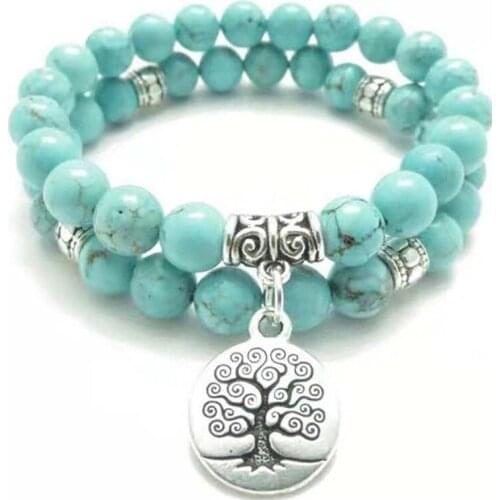 Bracelet 8mm Turquoise Bracelet Two-piece Set Wisdom Tree Hand String Hand Ornaments Women Boho Indian Jewelry Charm Bracelets
