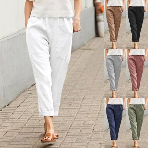 Autumn Big Pocket White Black Comfortable Cotton Linen Casual Pants Straight Leg Pants for Womens High Waist Elastic Pants