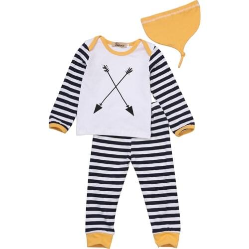 Kids Baby Girl Boy Striped Autumn Outfits Clothes Long Sleeve Tops T-shirt+Pants Hat Pajamas Set Clothes Outfits Clothing 0-24M