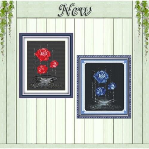 Rain rose flowers red and blue painting counted print on canvas DMC 11CT 14CT chinese Cross Stitch kits embroider needlework Set