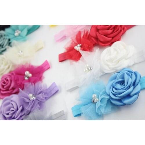 Free Shipping Elastic Kid Girl Hair Band Lace Flower Pearl Headwear burn rose Headband Headress Head Accessories
