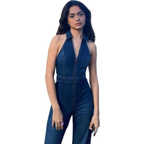 FiiShiMi Power Cotton Sleeveless Zipper Jumpsuit Casual High Street Wide Legs Denim Jumpsuit For Women