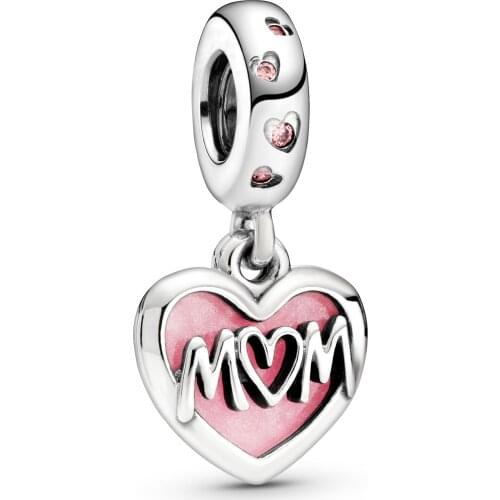 Classic Charms 925 Sterling Silver Mom Script Heart Dangle Charm Beads Pendant Fit Original Pandora Charm Bracelet Jewelry Gift