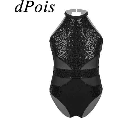 Kids Girls Ballet Dance Leotard Bodysuit Dancewear Swimsuit For Gymnastics Halter Sparkly Sequins Mesh Cutout Ballerina Jumpsuit