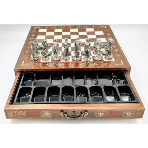 Pegasus Metal Chess Set, Handmade Natural Solid Wood Chess Board With Drawers