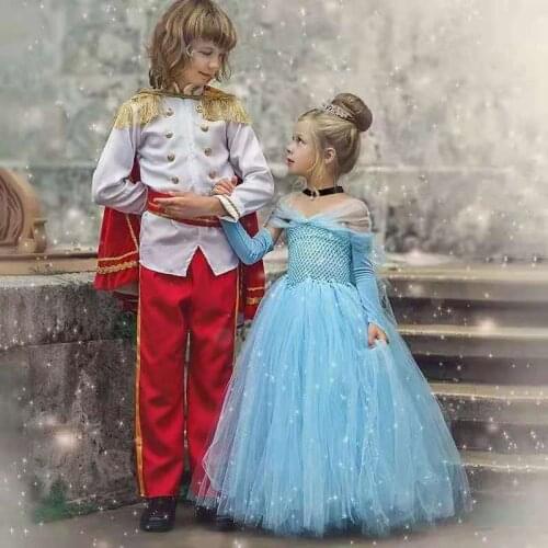 2022 new Girls White Princess Dress Kids Blue Tulle Tutu Dress Ball Gown with Crown Children Party Costume Cosplay Dresses