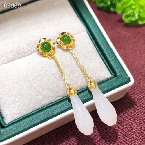 New S925 Sterling Silver Natural Hetian Jade Eardrops Retro Han Chinese Clothing Earrings Inlaid Long Water Drop Earrings Hot Sa