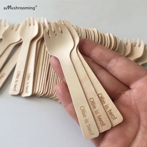 Laser Etched disposable forks custom mini wood forks sporks wholesale kitchen Bar Customized Disposable Kitchenware