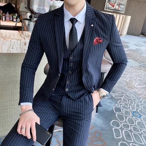 Jacket + Vest + Pants ) luxury Fashion Mens stripe Casual Business Suit High-end Social Formal Suit 3 Pcs Set Groom Wedding