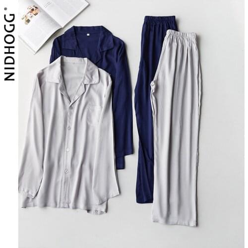2020 Leisure Simple Mens Cardigan Pajama Set Solid Color Satin Crown Embroidery Men Sleepwear Long Sleeve Lapels Home Clothing