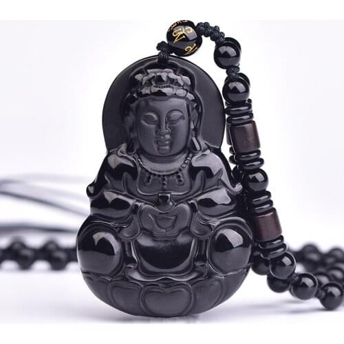 Drop Shipping Obsidian Guanyin Pendant Necklace Kwanyin Boddhisattva Lucky Pendants Necklace Pendant Women Men Jade Jewelry