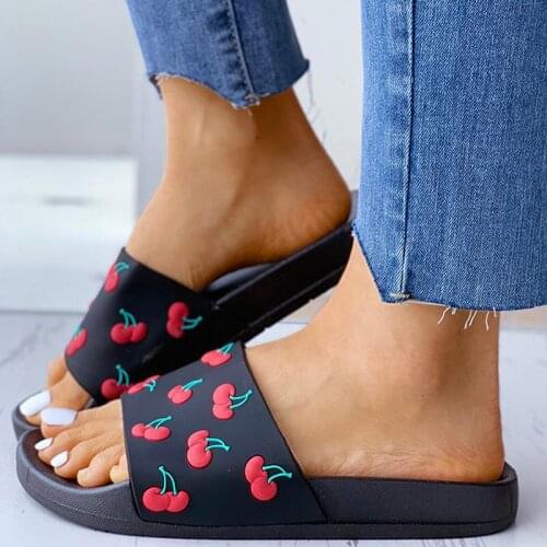 Womens Sandals 2021 Slides Ladies Cherry Pu Home Bathroom Non Slip Casual Girl Beach Vocation Fashion Summer Shoes Female 2021