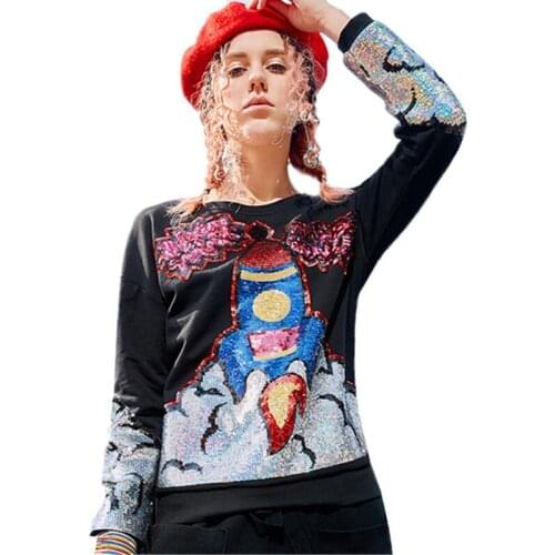 Spring Autumn Lady Black Long Sleeve O-Neck Sweatshirts Female Cartoon Sequins Print Oversize Pullovers Harajuku Casual Tops Z50