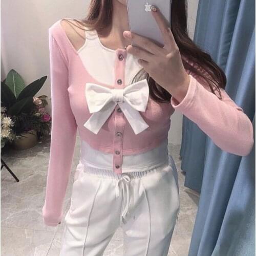 Bow Long Sleeved T-shirt Top for Women Slim Fit Short Female Clothes Lady All-Match Color Patch Blusas
