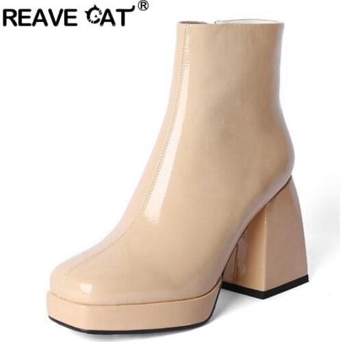 REVE CAT Short Ankle Boots Patent Leather Zipper Platform Block Thick High Heel Ladies Square Toe Womens Boots 40 Office S2376