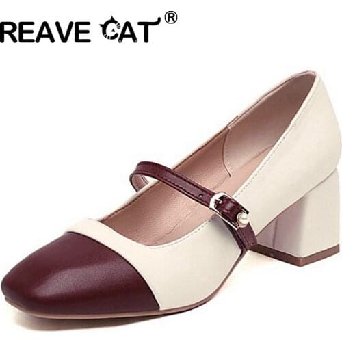 REAVE CAT New 2021 Women Pumps Square Toe 5.5cm Block Heels Buckle Patchwork Stylish Classic Big Size 48 Casual Brown A3788