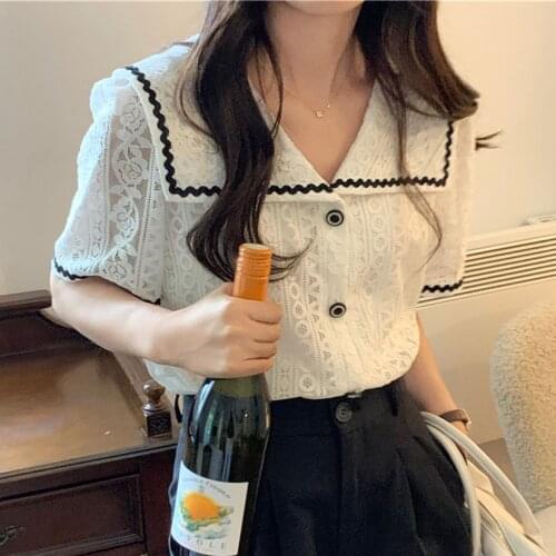 Alien Kitty Elegant Sailor Collar Loose Lace Casual All Match 2021 Fashion Women Hot Office Lady Vintage Sweet Girls Shirts
