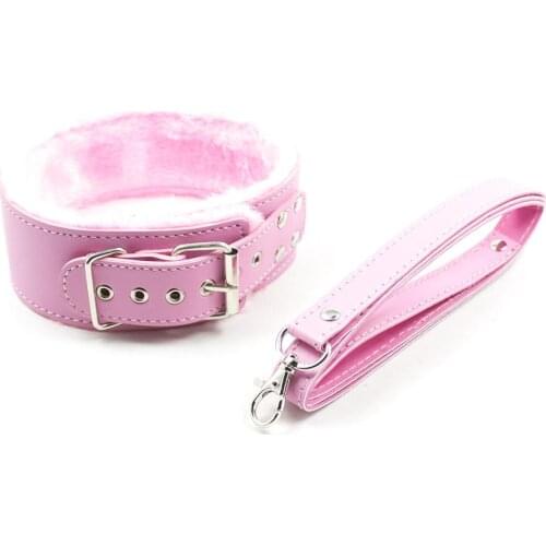 PU Leather Furry Bondage Neck Choker Collar with Chain Lead Leash Pink Erotic Role Play Fetish Costumes Sex Products