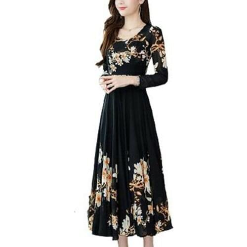 Women Dress Irregular Floral Print Long Crew Neck Long Sleeve Slim Casual Maxi Dresses Women Clothing Dress Party