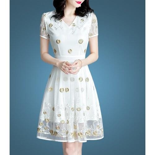 Plus Size Embroidery Vintage Summer Fashion Slim Short Sleeve A-Line Chiffon White Cocktail Dresses Vestido De Festa 9150