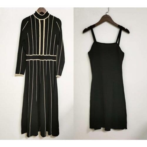 Woman black striped patchwork dress lace elegant French brand maxi party vintage knitted dress women