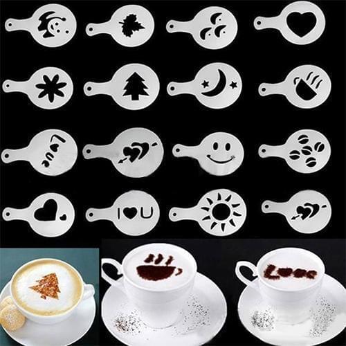 16Pcs Fashion Cappuccino Coffee Barista Stencils Template Strew Pad Duster Spray