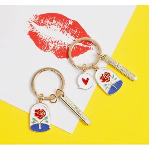 2020 Cartoon Rose Red Heart Fairy Tale Keychain Key Chain Gold Color Metal Ring Trinkets Car Bag Pendent For Women D455