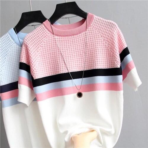 2021 Summer Plaid T Shirt Women Striped Tshirt Knitted Cotton Korean T-Shirt Woman Clothes Tee Shirt Femme Camisetas Mujer