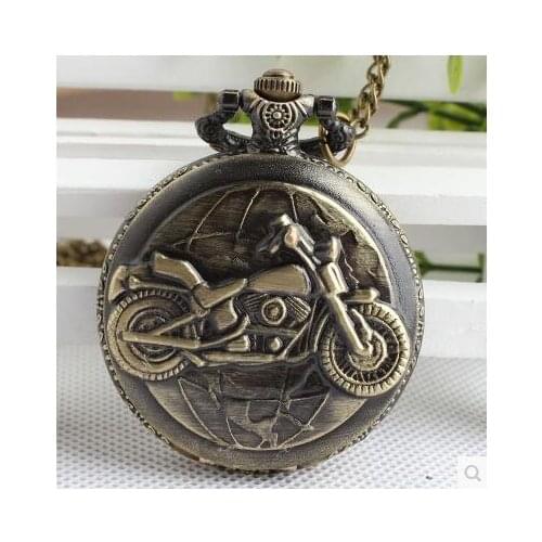 Antique Bronze Motorcycle Motorbike MOTO Pocket Watch Necklace Pendant Men Gift PO52