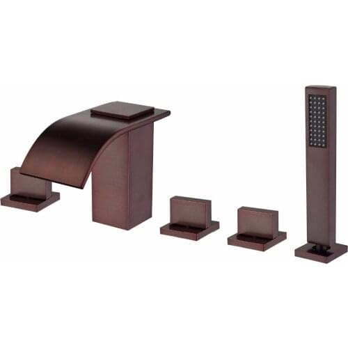 Free ship Modern 5pcs Oil rubbed bronze Deck Mounted square Waterfall Bathtub Bath Tub Faucet Handheld Set Brass square
