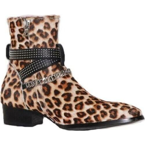 European Mens Real Leather Chelsea Boots Shoes Leopards Chains Rivet Nightclub Ankle Plus Size 38-46