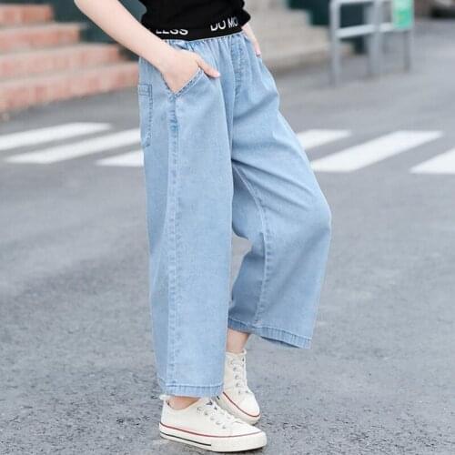 DFXD Kids Girls Jeans 2019 Summer Long Loose Denim Wide Leg Pants Fashion Thin Elastic Waist Jeans Teenage Clothes For 3-14Yrs