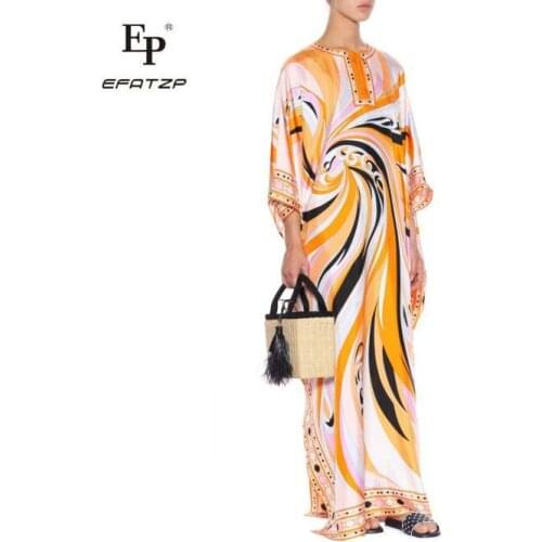 EFATZP Ladies' new loose large code Greek style high-end fashion print silk jersey dress