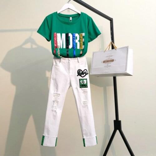 Summer Two Piece Sets Women Short Sleeve Sequins Tshirts And Denim Ripped Jeans Sets Suits Casual Womens Cropped Trousers Sets