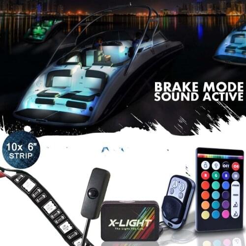 10PCS X-LIGHT Color Changing Neon Accent Boat Marine Deck LED Glow Lights Strip Kit | Msuic Active | Brake Mode | Switch Cable