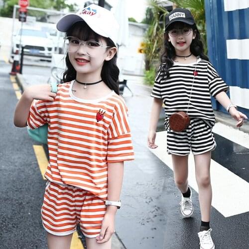 Outfit Children Clothing Set Summer Clothing Set for Girls Striped Tee with Shorts Kids Casual Suit Age 4 5 6 7 9 11 13