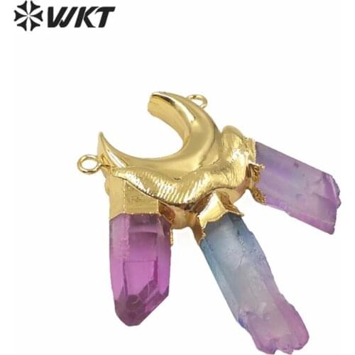 WT-P1553 WKT new design Triple piece Aura quartz point statement pendant Unique double loops crescent horn women jewelry pendant