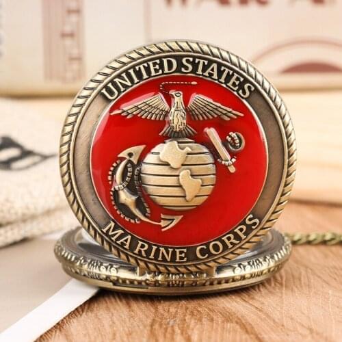 Top Gifts United State Marine Corps Theme Quartz Pocket Watch Fashion Red Souvenir Pendant Necklace Chain Military Watch for Men