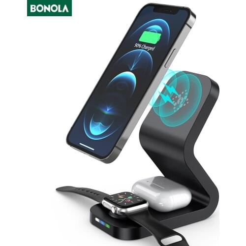 Bonola 15W Qi 3 in 1 Magnetic Wireless Charging for iPhone 12/12 Mini Quick Charge Station Dock for Airpods Pro/Apple Watch 6 5