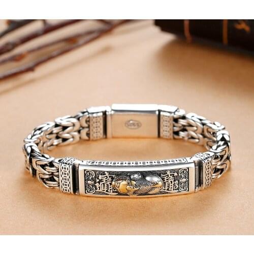 RetroSen Silver Men Bracelet Bangle Double Chain Peace Tattoo Personality Popular Chinese Style Retro Creative Lucky Money