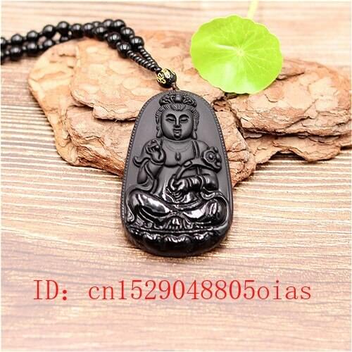 Natural Black Obsidian Guanyin Buddha Pendant Beads Necklace Fashion Charm Jewellery Carved Buddhism Amulet Gifts for Women Men
