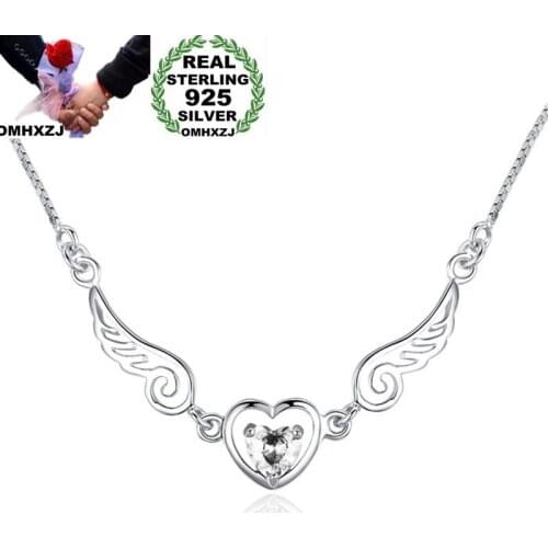 OMHXZJ Wholesale European Fashion Woman Girl Party Wedding Gift Wing Heart AAA Zircon 925 Sterling Silver Pendant Necklace NA04
